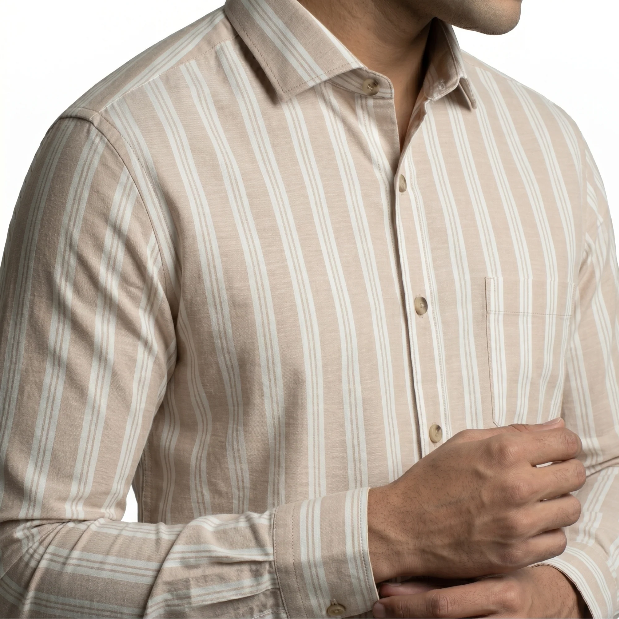 BEIGE & WHITE COLOR STRIPED MEN FULL SLEEVE SHIRT