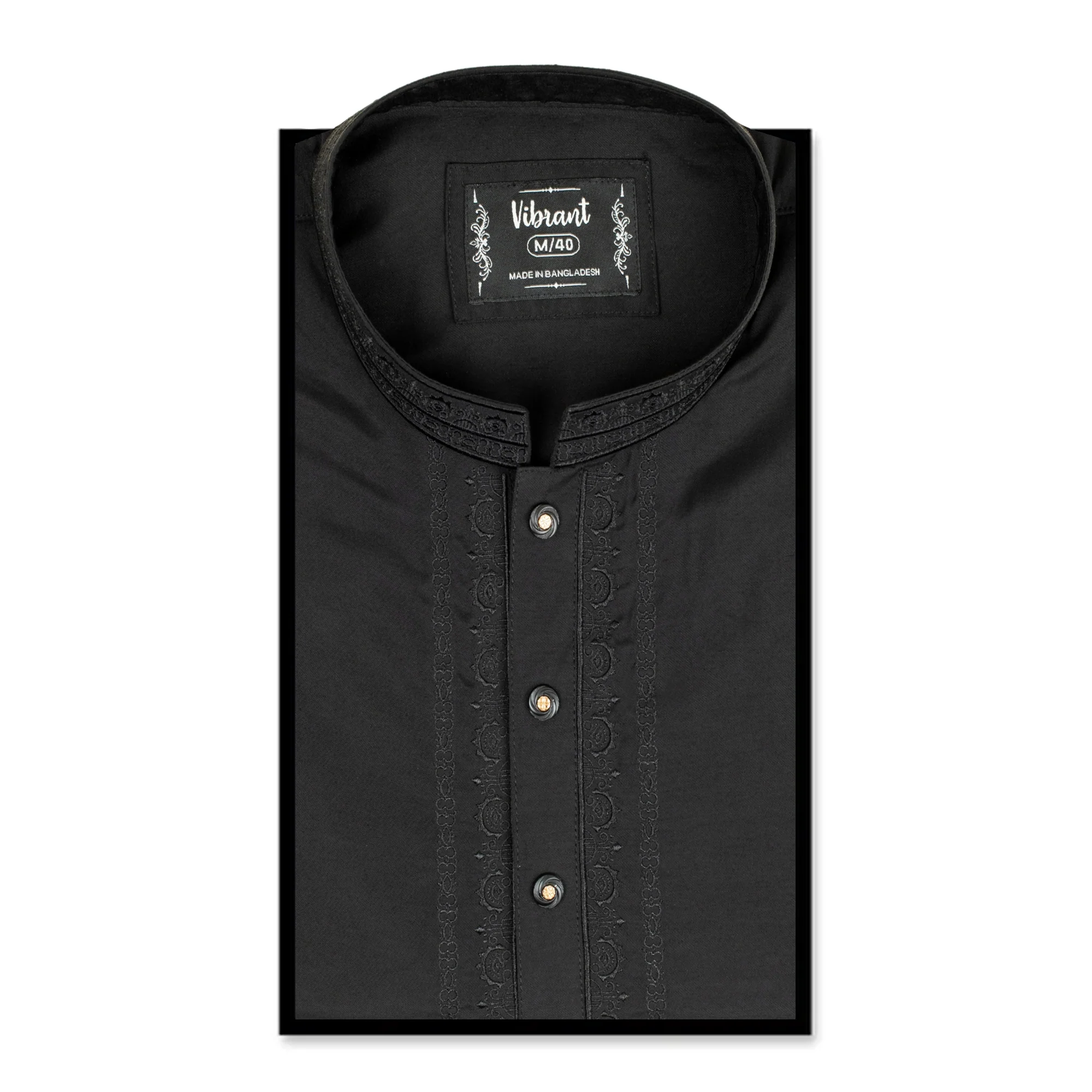 VIBRANT BLACK BLENDED COTTON PANJABI WITH EMBROIDERED DESIGN