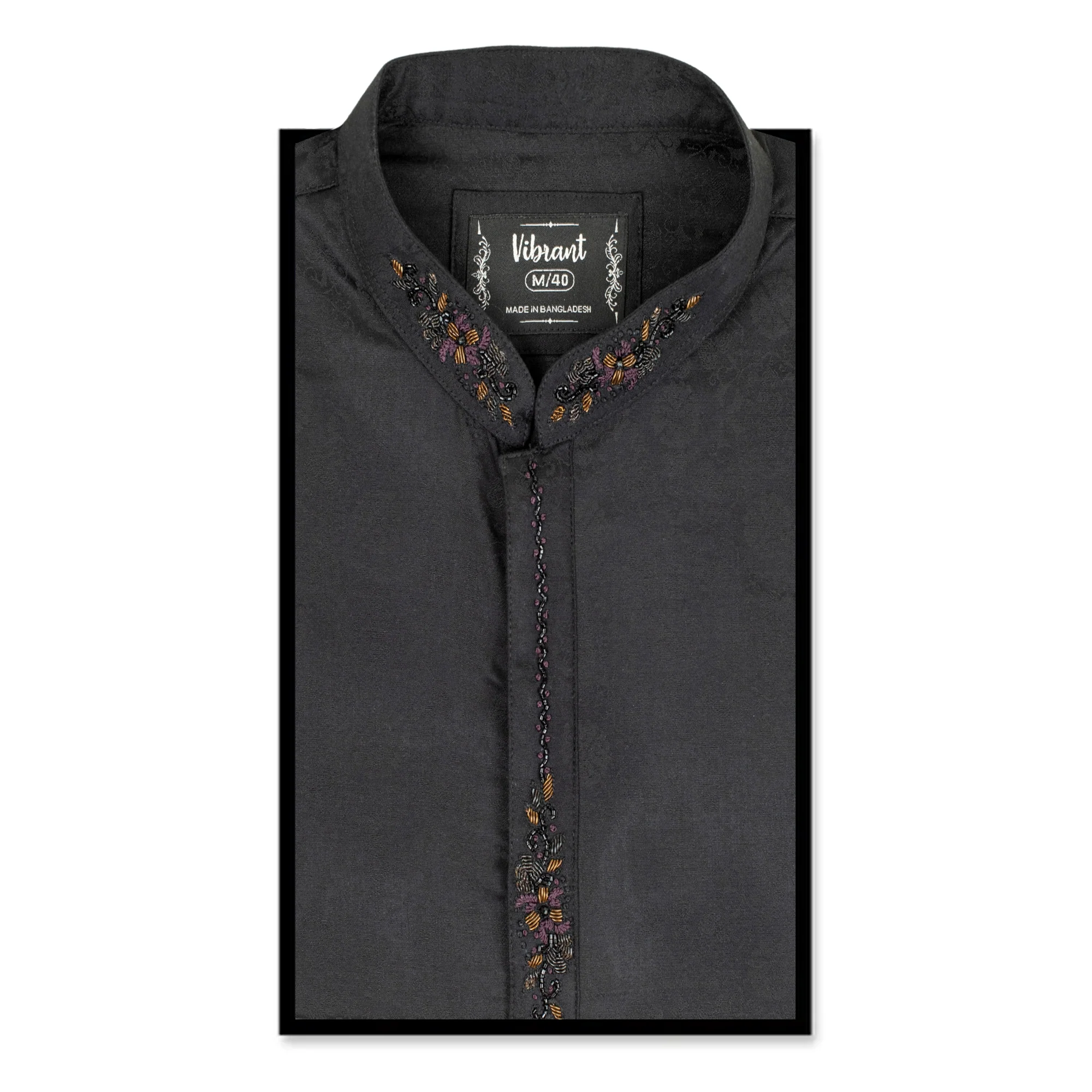 VIBRANT BLACK BLENDED COTTON PANJABI WITH KARCHUPI WORK