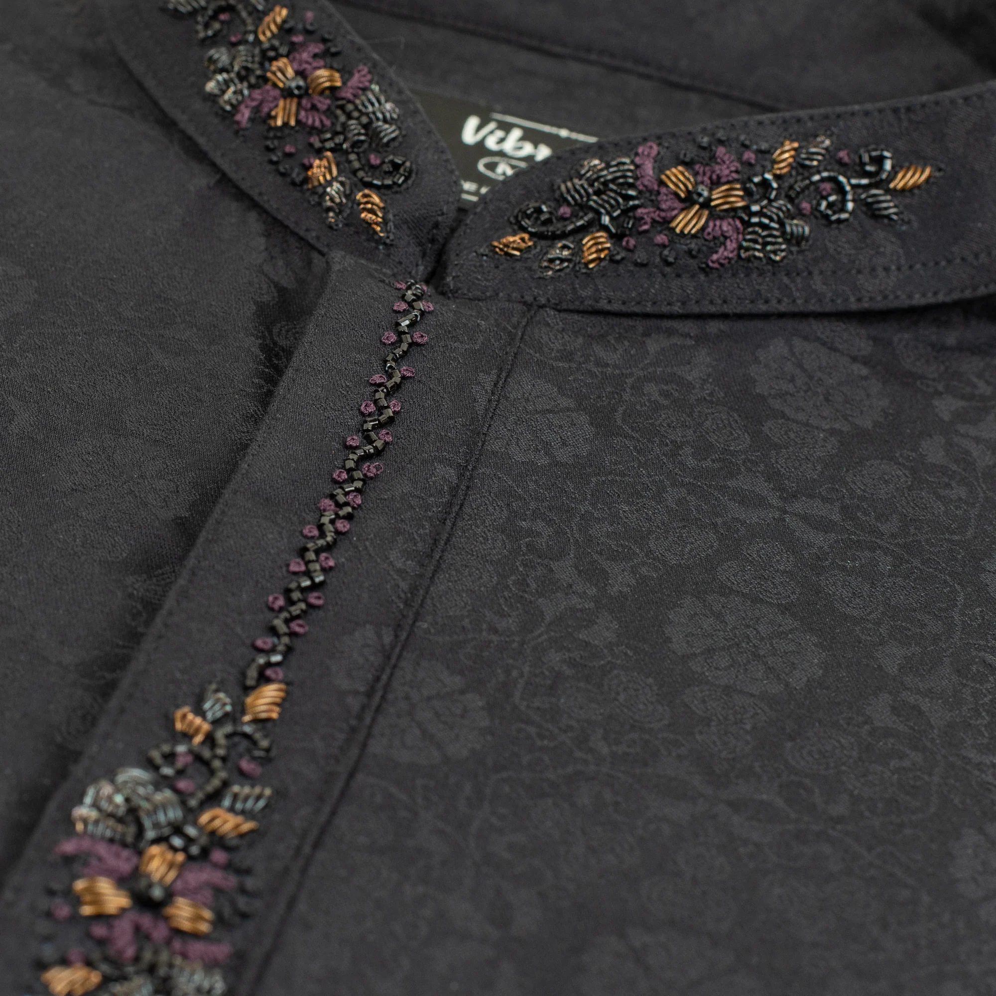 VIBRANT BLACK BLENDED COTTON PANJABI WITH KARCHUPI WORK - Image 3