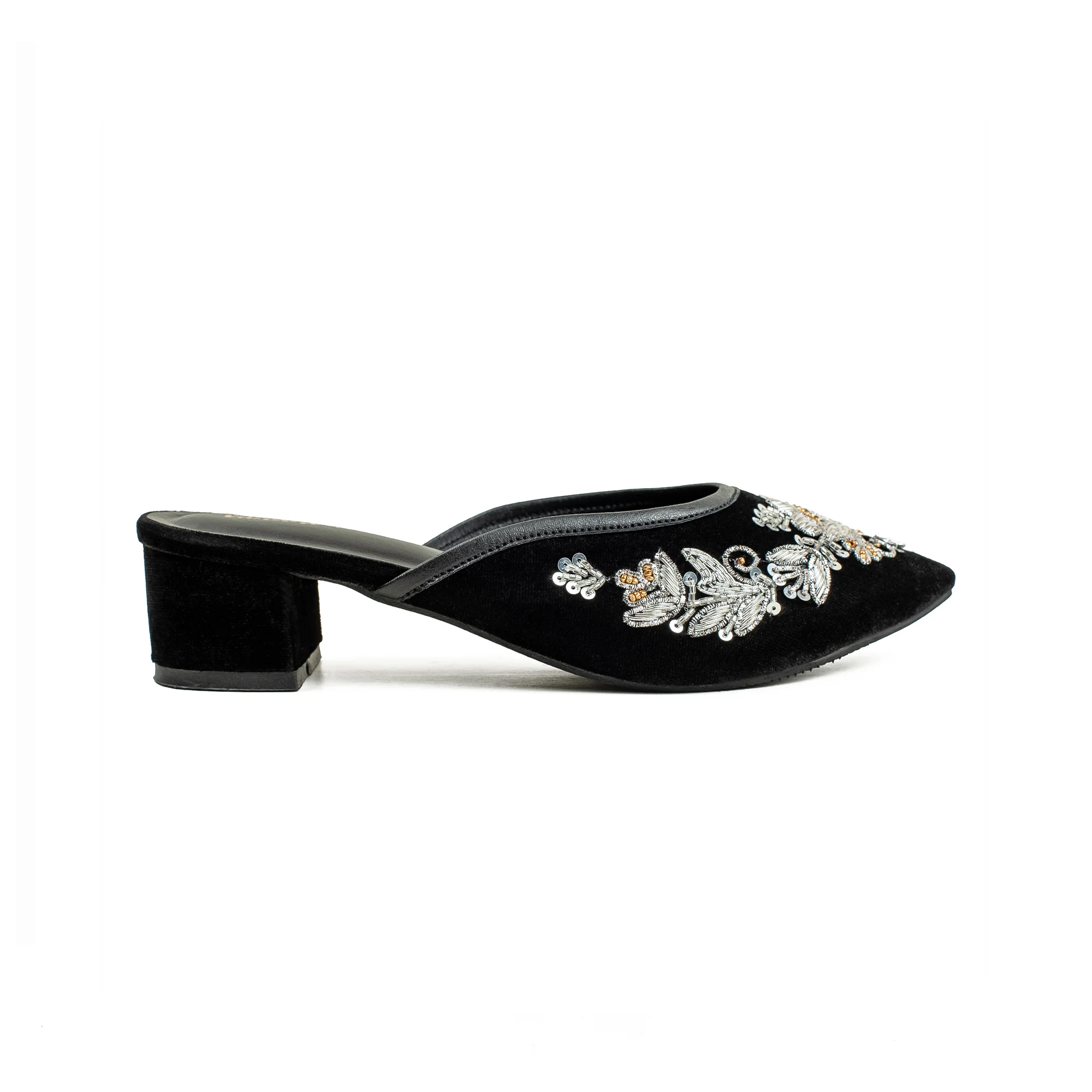 Vibrant Women's Black Embroidered Velvet Block Heel Sandal – Stylish & Comfortable Party Wear Shoes