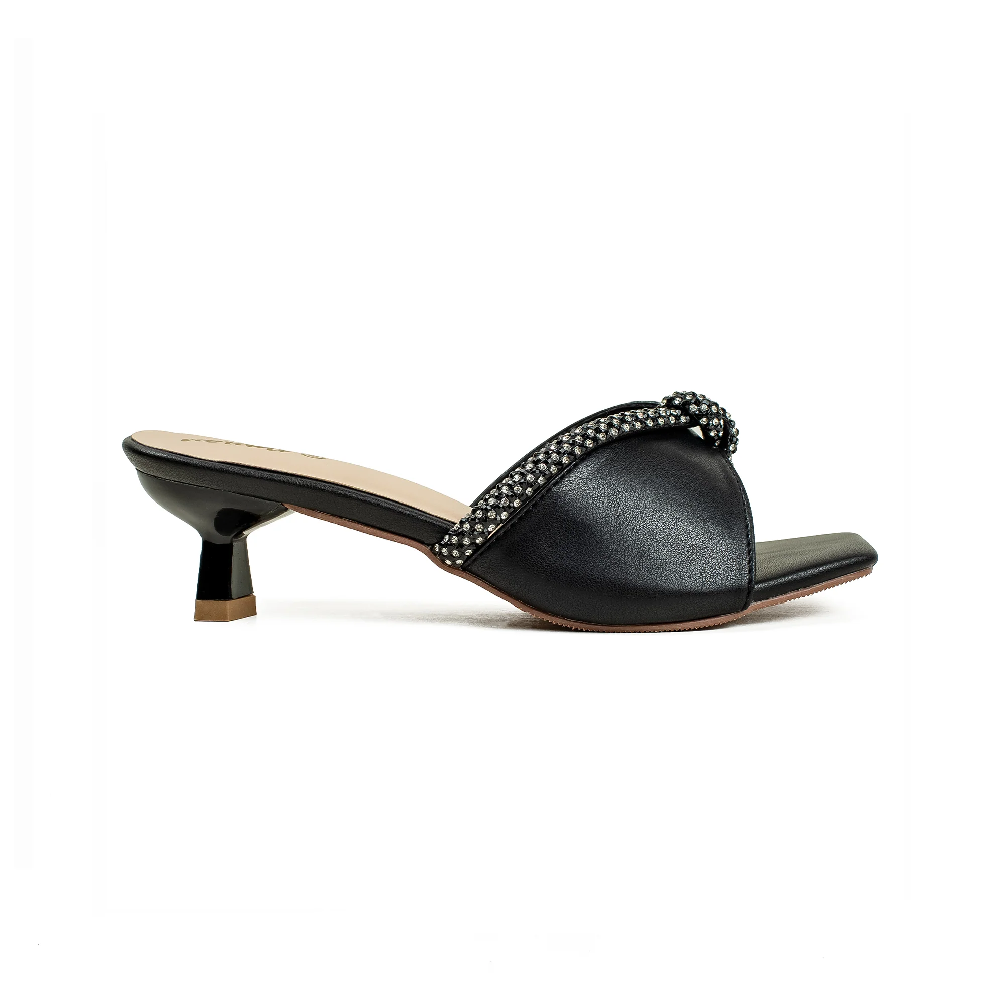 Vibrant Women's Black Kitten Heel Sandals – Elegant Pearl Strap, PU Leather, Cushioned Insole for Fashion Lovers