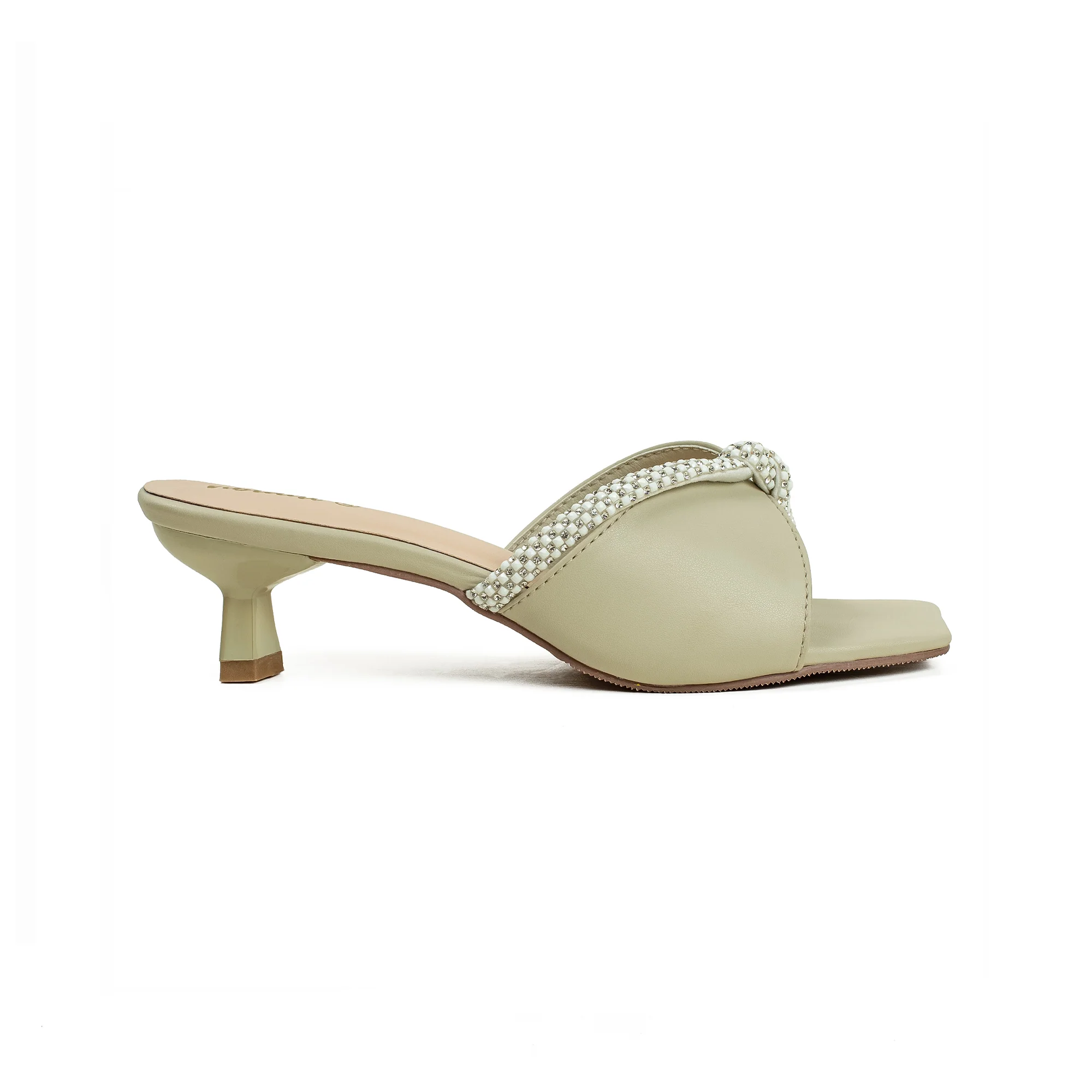 Vibrant Women's Cream Beige Kitten Heel Sandals – Elegant Pearl Strap, PU Leather, Cushioned Insole for Fashion Lovers