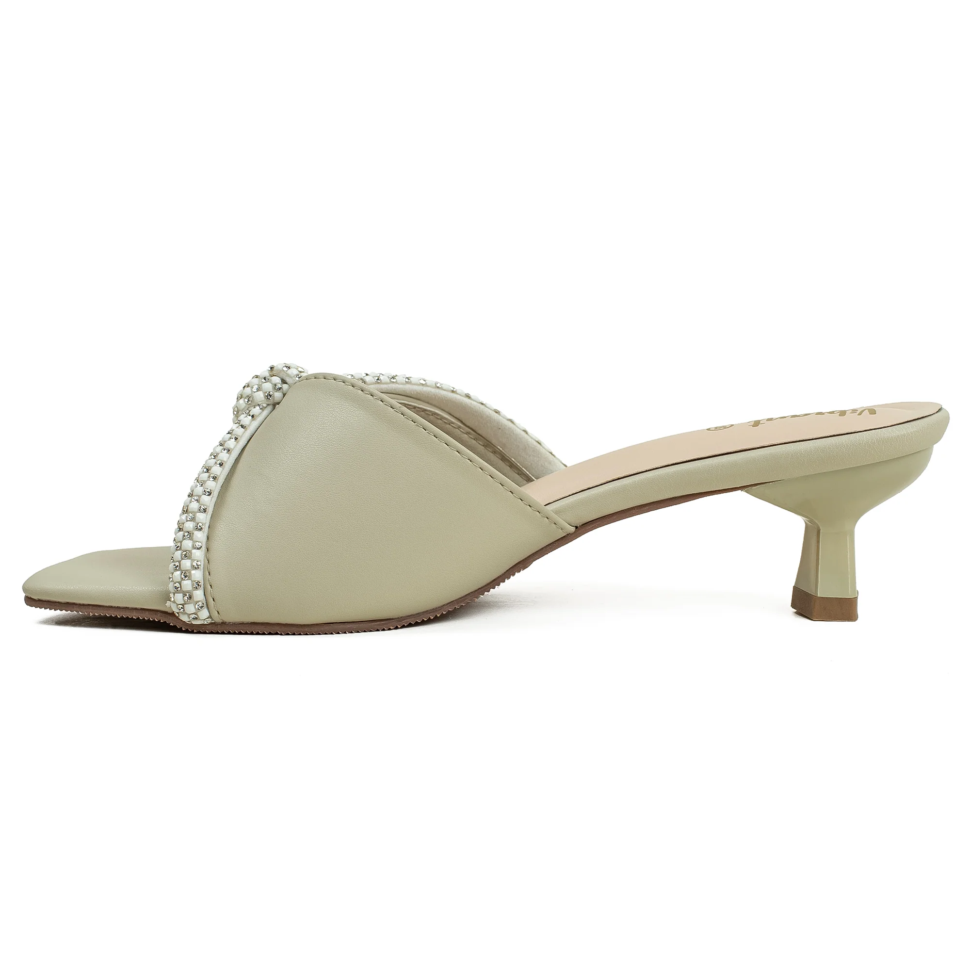 Vibrant Women's Cream Beige Kitten Heel Sandals – Elegant Pearl Strap, PU Leather, Cushioned Insole for Fashion Lovers - Image 3