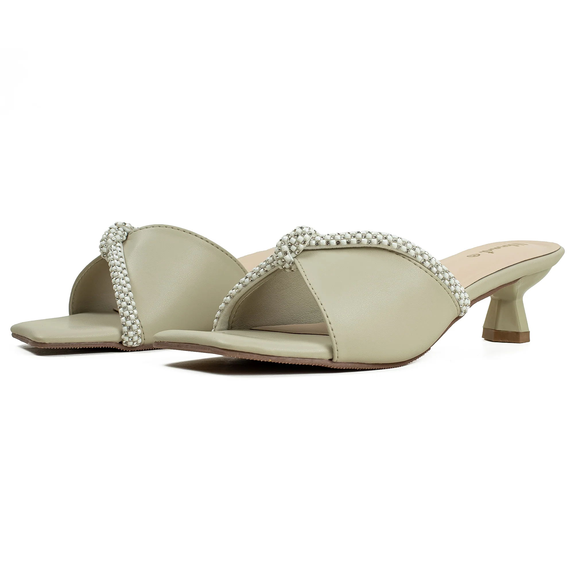 Vibrant Women's Cream Beige Kitten Heel Sandals – Elegant Pearl Strap, PU Leather, Cushioned Insole for Fashion Lovers - Image 7