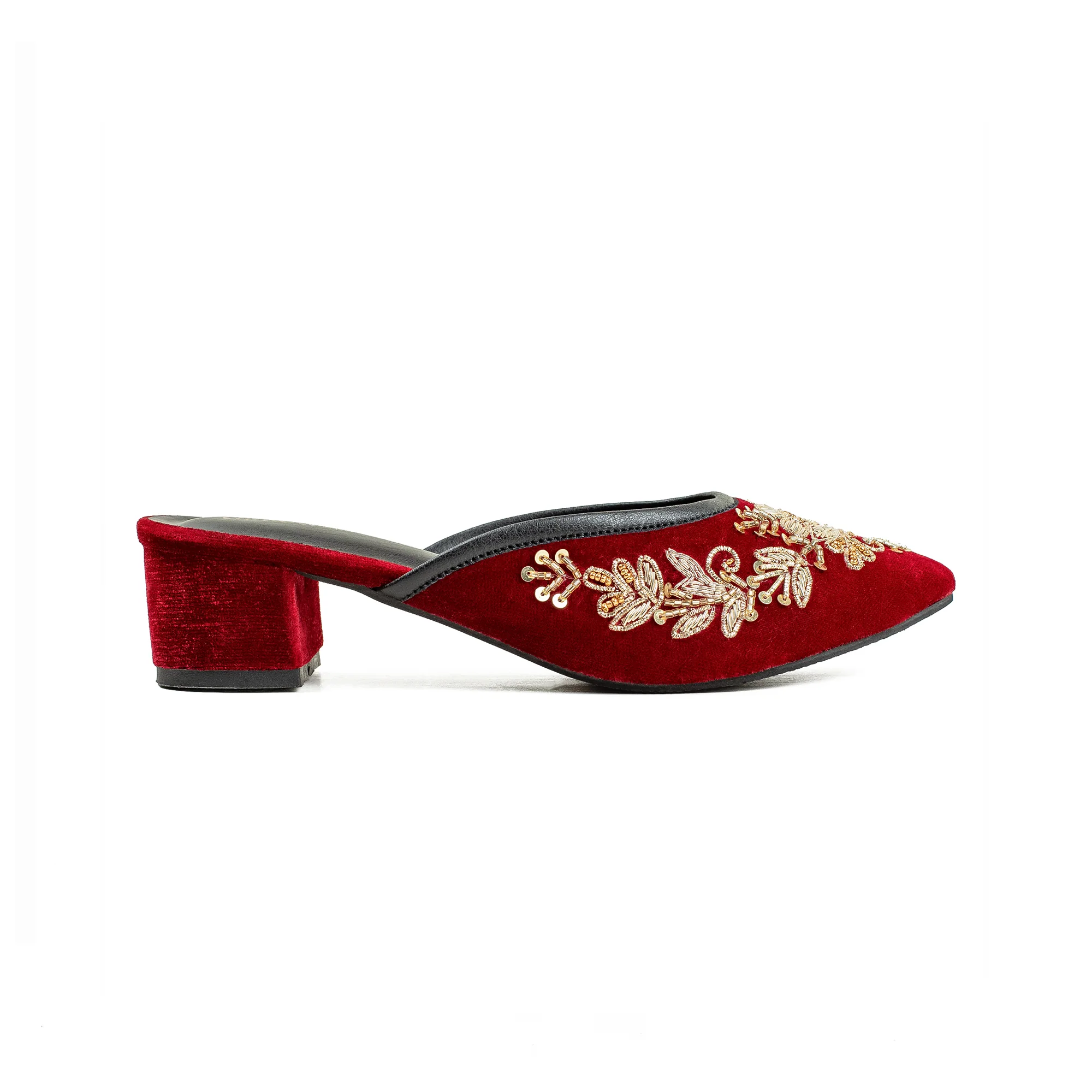 Vibrant Women's Red Embroidered Velvet Block Heel Sandal – Stylish & Comfortable Party Wear Shoes